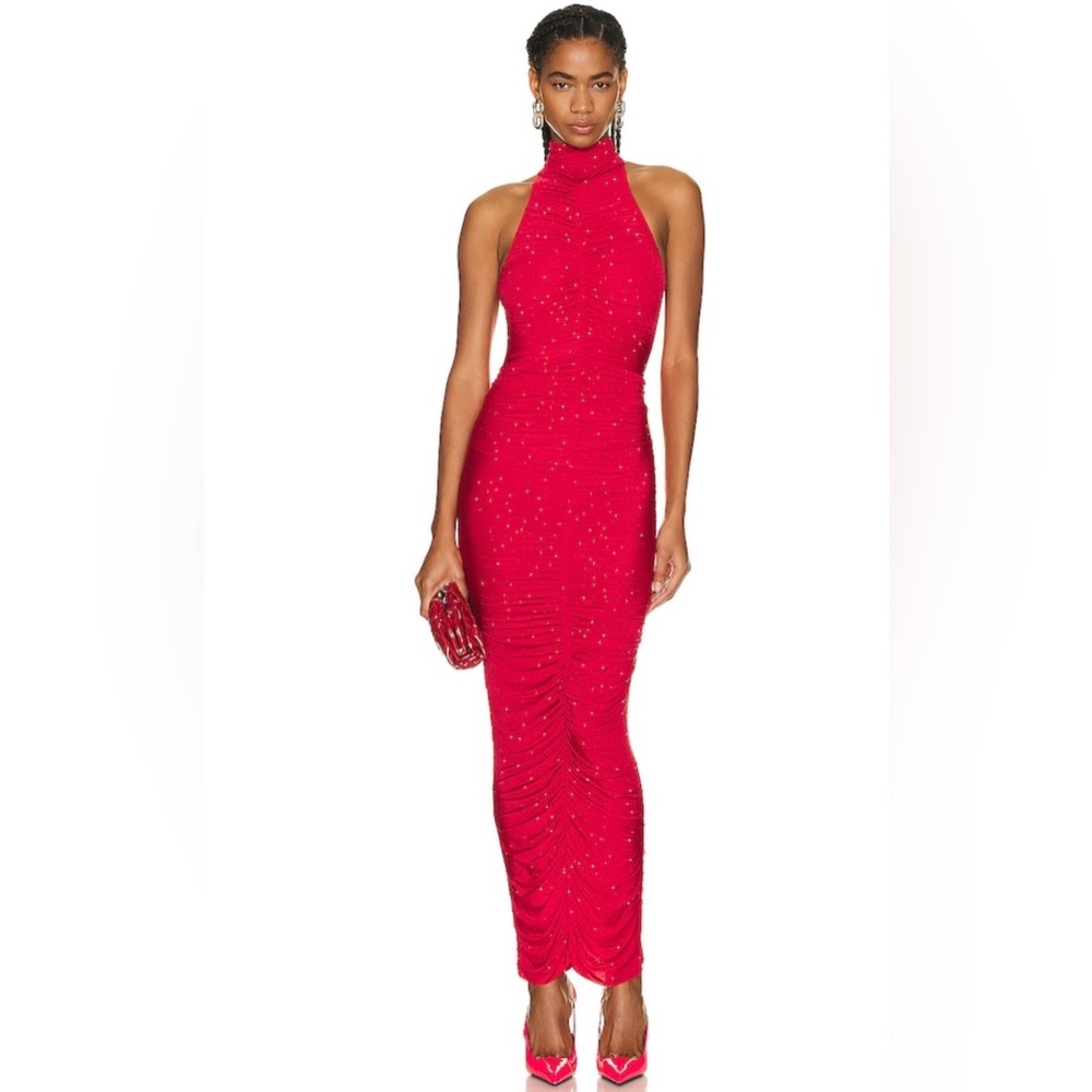 Alex Perry Crystal Gabe Turtleneck Ruched Column Dress